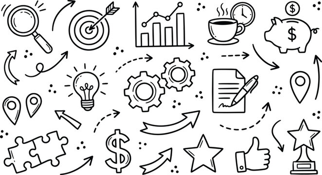 Business and marketing icon set featuring hand-drawn sketches of office and growth concepts business marketing strategy illustration piggybank settings magnifying thumbsup location