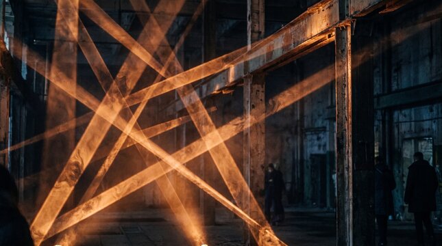 Intense amber rust light beams crisscrossing dramatically through columns in a dark smoky factory interior
