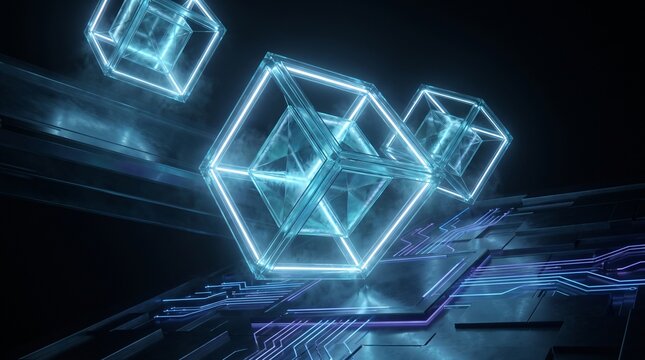 High tech computer motherboard chamber displaying floating cyan geometric wireframe cubes over circuit tracks
