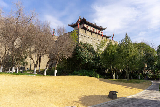 Ancient city walls with blue sky in Xi'an, China.