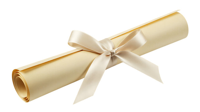 Old parchment paper scroll tied with a simple elegant silk ribbon for a vintage style invitation or an important award certificate document for a special event isolated on transparent background
