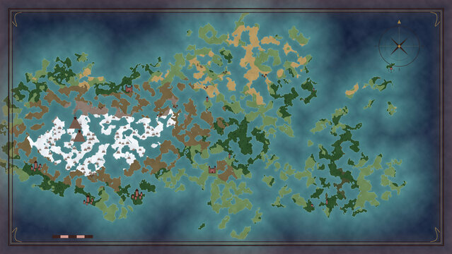 Hand-Illustrated Fantasy Map with Mountains, Forests and Rivers - Board Game Style Map Illustration