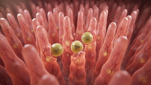 Medical Illustration of Cyclospora Parasite Infection in Human Small Intestine Villi