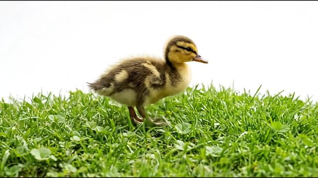 Adorable duckling walking on vibrant green grass with clean white background