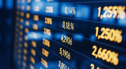 Fototapeta premium Digital stock market display board showing financial data and percentages in blue.