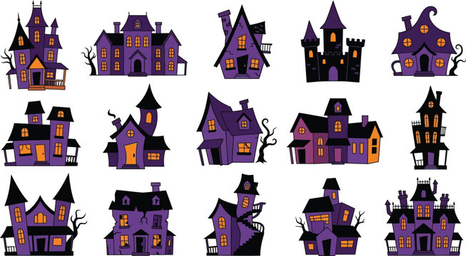 Collection of Spooky Purple Haunted Houses for Halloween Designs and Decorations
