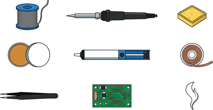 Electronics Soldering Equipment Vector Illustration Set Featuring Soldering Iron Wire Spool Desoldering Pump Solder Flux Paste Sponge Tweezers And Circuit Board Elements