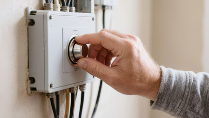 Naklejka premium A person adjusting a wall-mounted industrial thermostat. Concept of climate control, HVAC system management, energy efficiency, and temperature regulation in buildings