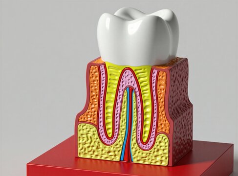 Dental model showing tooth anatomy with bright colors on red base. Educational cross section exhibit enamel layer dentin pulp nerve root structure. Professional 3D medical graphic displays oral