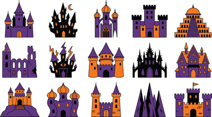 Spooky Halloween castles and fortresses in purple and orange clipart collection for festive design © Muslim