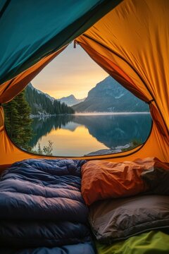 View from inside a tent at a mountain lake during sunrise