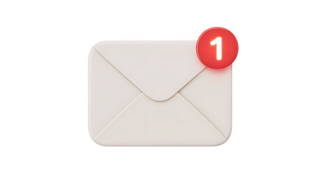 3d mail envelope icon with a red notification badge showing one new message alert for digital communication and email inbox user interface design elements isolated on transparent background