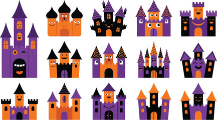 Spooky Halloween castle clipart set in purple orange and black for festive designs © Muslim