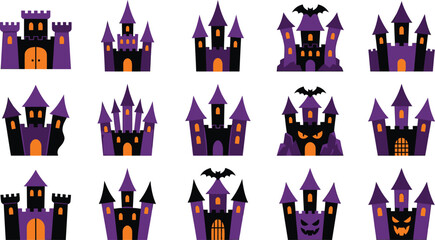 Spooky purple and black Halloween castles set for festive design needs © Muslim