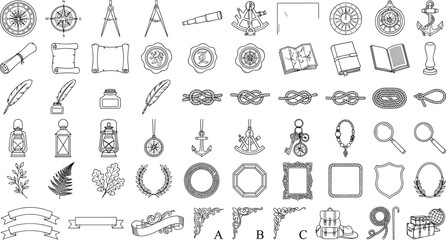    Vintage exploration and navigation illustration collection featuring nautical instruments, travel accessories, and decorative adventure motifs © Joyanti