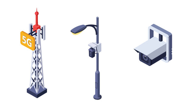 Set of isometric icons representing 5G tower, street lamp with camera, and security camera.
