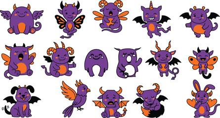 Cute purple cartoon dragon characters with orange accents for Halloween designs and marketing