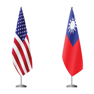 United States and Taiwan flags on flagpoles for official ceremonies and meetings, transparent background vector