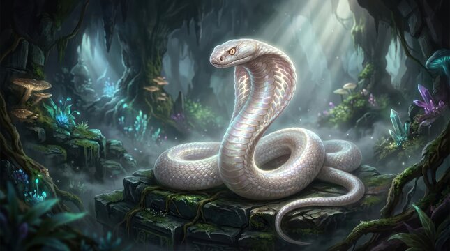 White cobra in an enchanted mystical cave with bioluminescent glow and atmospheric fog