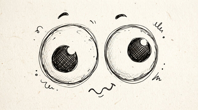 Whimsical hand-drawn cartoon eyes with surprised expression.