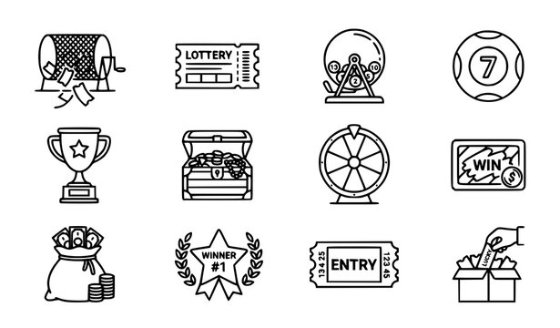 Lottery line icons set with raffle drum lucky ticket scratch cards and prize draw symbols in modern minimalist linear vector style