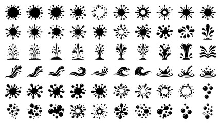 Fototapeta premium Collection of black liquid splashes, water drops and fountain icons isolated on a white background