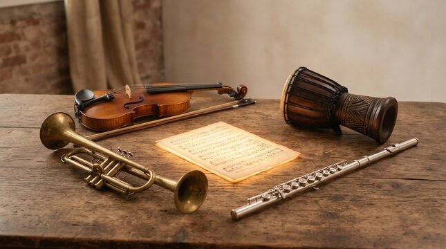 Collection of musical instruments and sheet music arranged on a wooden surface