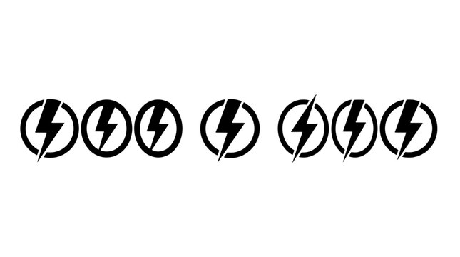 Set of black lightning bolt icons inside circles on white background
