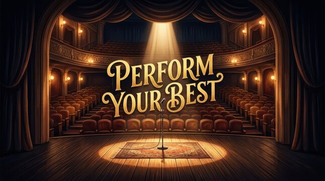 Spotlight on Empty Theatre Stage with "Perform Your Best" Text, Inspiring Motivation and Public Speaking