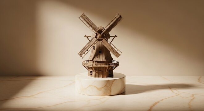 Detailed miniature wooden windmill model on light background
