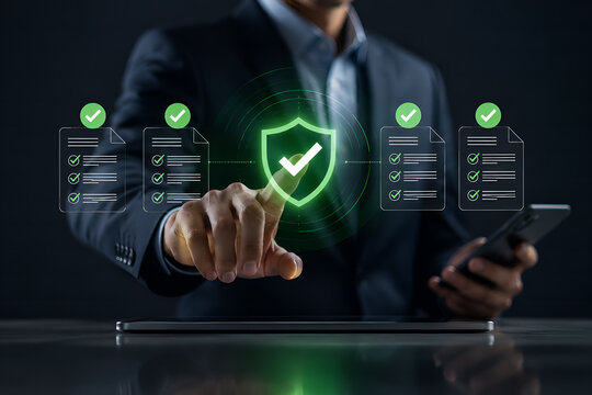 Corporate professional interacting with digital security shield and approved documents
