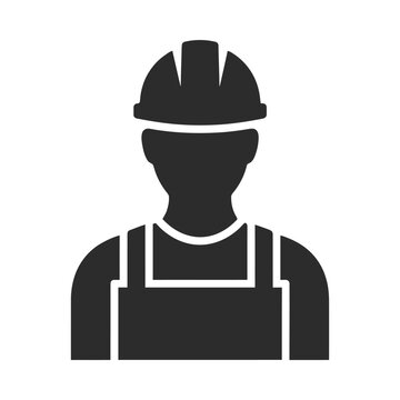 Construction worker silhouette icon with helmet and overalls on white background