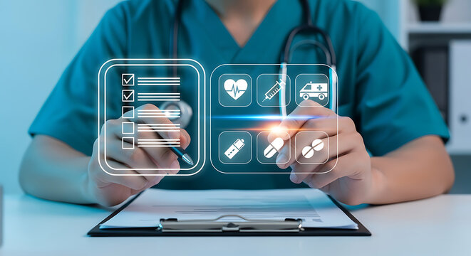 Doctor using digital interface to manage patient medical records and healthcare data.