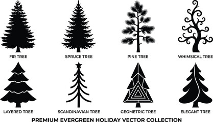 Obraz premium Evergreen Tree Silhouette Collection with Fir Pine Spruce and Decorative Christmas Trees