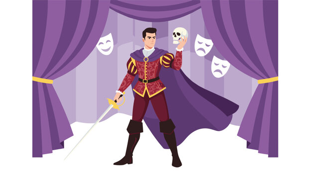 Theater actor performing a classic tragedy on stage holding a human skull with dramatic masks in the background.