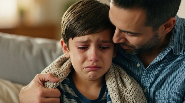 Father hugs, comforts crying little boy at home. Upset child sheds tears dad supports son with warm blanket on shoulder. Caring parent consoles sad young male kid indoors. Man shows love, empathy
