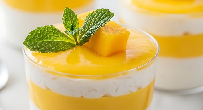 Mango mousse dessert in a glass layered with cream and topped with fresh mango cubes and mint