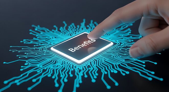 A finger touching a glowing digital button with the word Benefits on a futuristic circuit board interface.