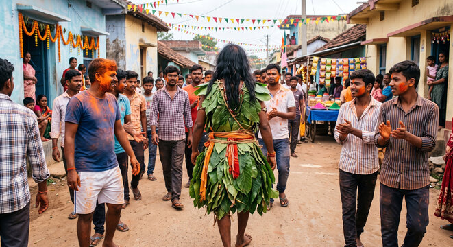 Traditional Indian Village Festival Procession with Tribal Performer in Leaf Costume During Cultural Celebration