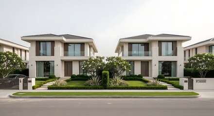 Fototapeta premium Pair of contemporary two-story houses with stone facades and lush landscaping on quiet street