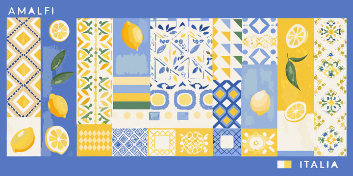 amalfi pattern collection with lemons and geometric designs yellow blue italia illustration vector background colorful mediterranean tile fruit citrus ornament