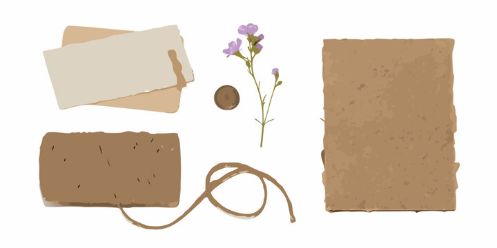 wildflower and rustic papers flat lay illustration plant stem leaves paper sheet cardboard string circle natural organic texture brown purple