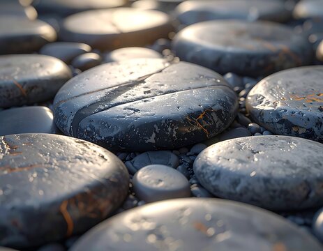 Smooth wet stones on beach surface.