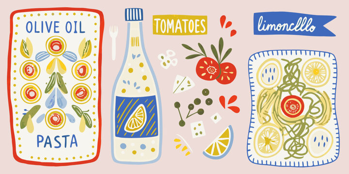 illustration of italian food ingredients and dishes on pastel background pasta olive oil tomatoes limoncello bottle jar spaghetti vegetables fruit
