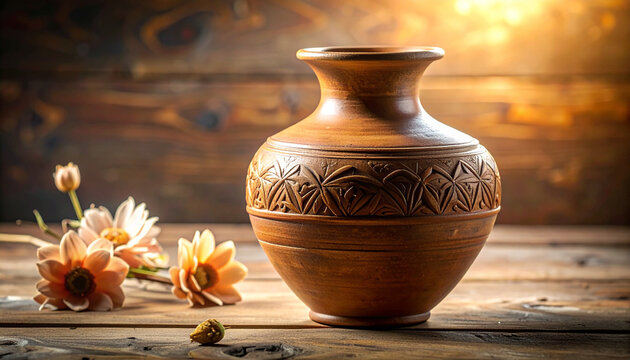 Rustic ceramic pot with floral arrangement on wooden surface