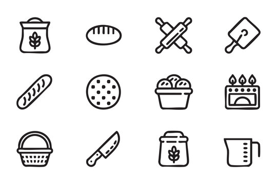 Kitchen Baking Utensil Pictograms with Rolling Pin, Baguette, Basket and Flour Bag