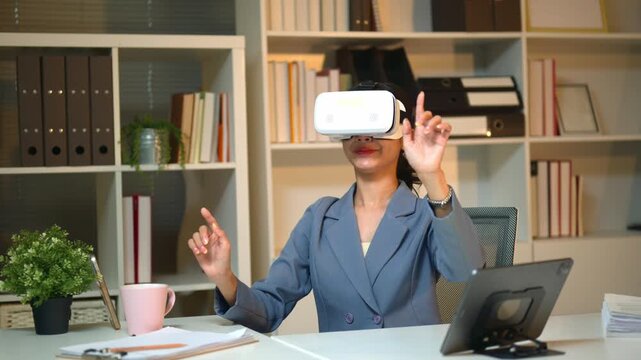 Businesswoman Using VR Headset at Office Desk Exploring Virtual Reality Technology