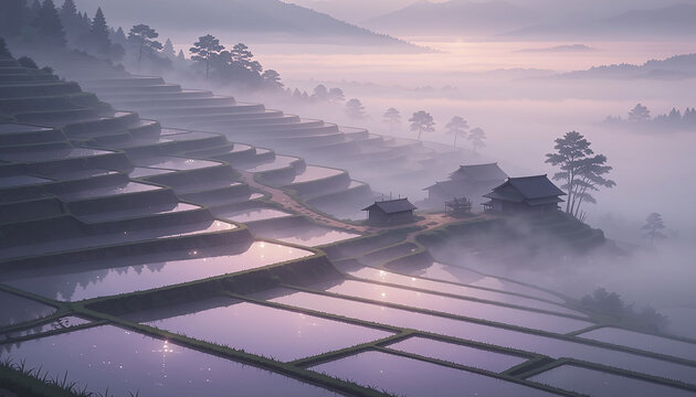 Misty Terraced Rice Fields at Dawn Generative AI
