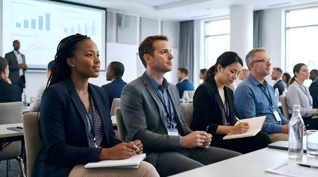 Diverse business professionals attend conference listening to speaker, presentation screen