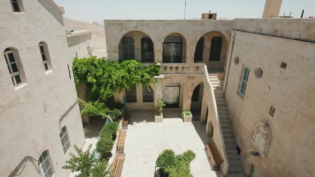 High Angle View of Ancient Monastery Courtyard in Maaloula Syria